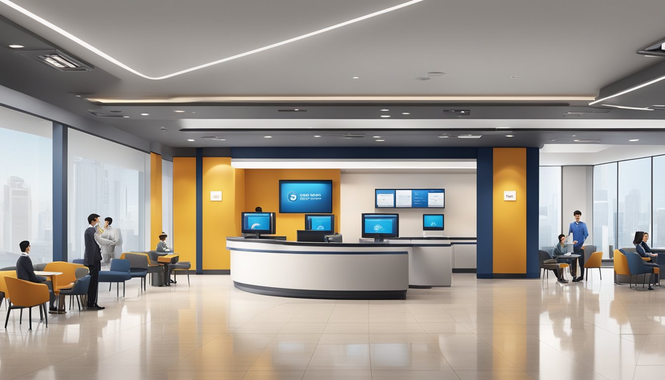 The scene shows a modern and sleek DBS/POSB branch with clean lines and a professional atmosphere. The bank stands out among other banks with its updated and sophisticated design