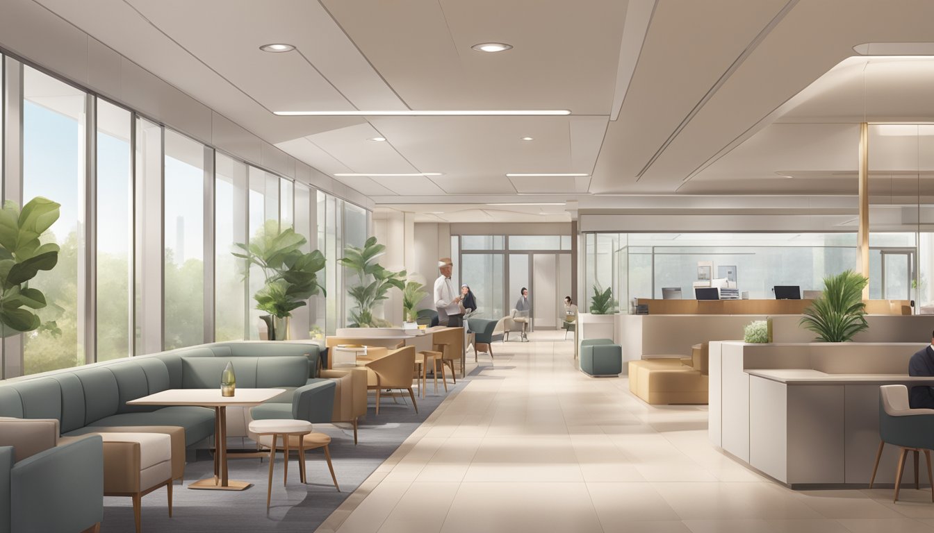 The scene depicts a modern bank interior with clean lines, neutral colors, and subtle branding. The space is filled with natural light, and there are comfortable seating areas for customers