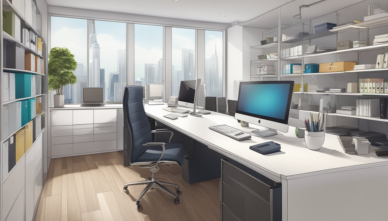 A modern, sleek office space with a calculator on a desk, surrounded by renovation materials and design samples. The OCBC logo is subtly displayed in the background