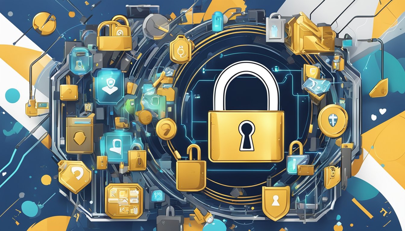 A padlock securing a digital device, surrounded by a shield and lock icons, with data flowing securely between them