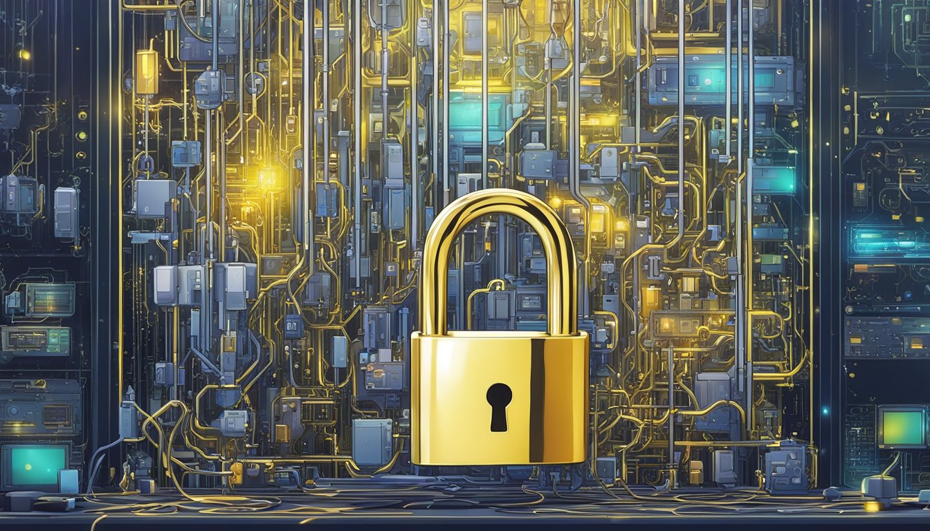 A padlock symbolizing data security and a closed curtain representing privacy, set against a backdrop of technological devices