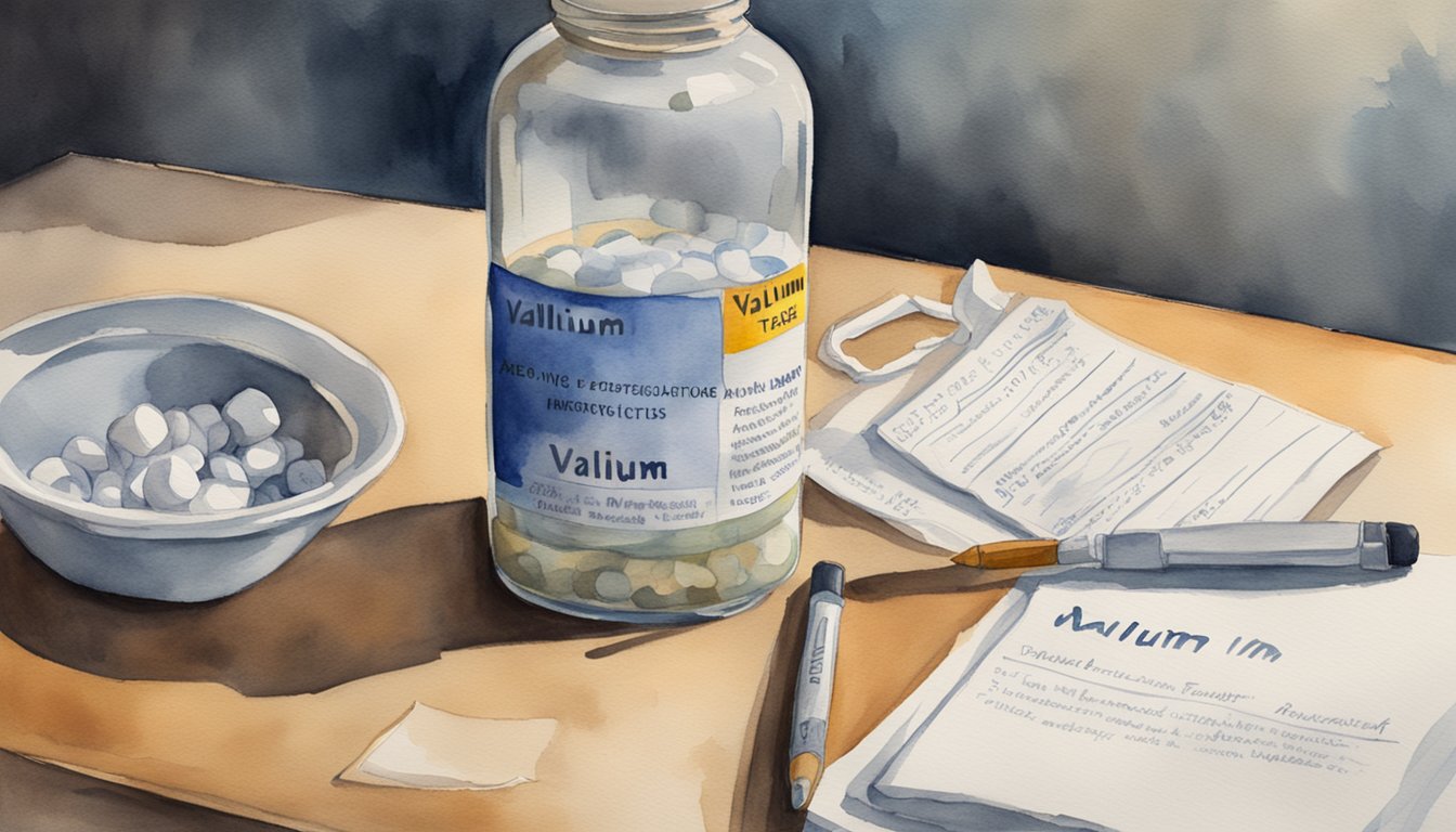 A bottle of Valium sits on a table, with a warning label and a list of precautions.</p><p>The room is dimly lit, adding to the sense of anxiety