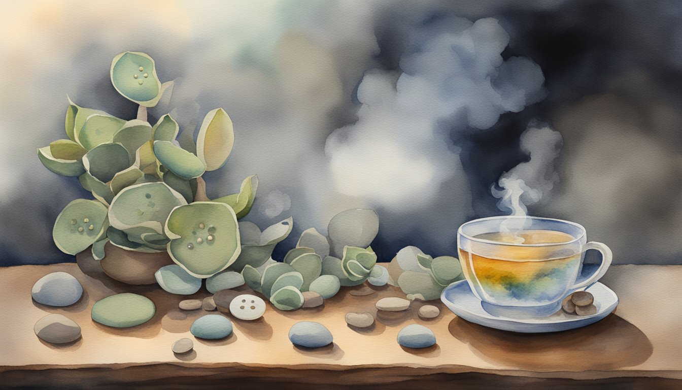 A steaming cup of peyote tea sits on a wooden table, surrounded by dried peyote buttons and a smoky, mystical atmosphere