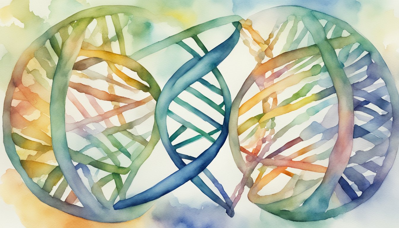 Two DNA strands intertwine, one labeled "homosexuality" and the other "genetic." Surrounding them are symbols of society and biology