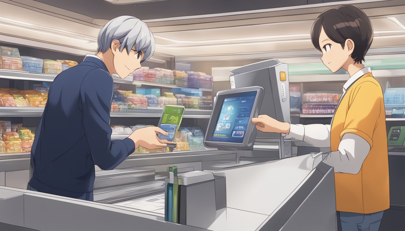 A cashier scanning a product with an age verification prompt on the screen, while a customer presents their ID for verification