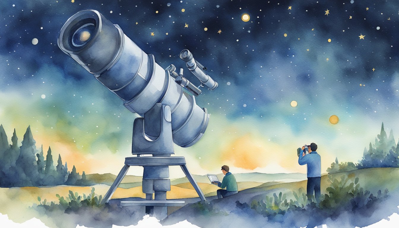 A telescope points towards a starry sky, while a research team examines soil samples under a microscope.</p><p>A headline reads "Environmental and Astronomical Discoveries."