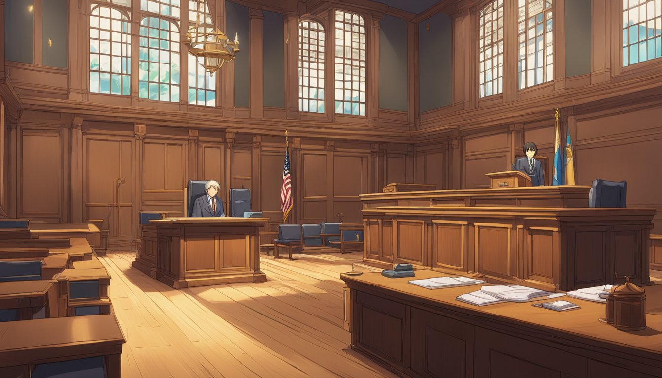 A courtroom with a judge's bench, witness stand, and lawyer's tables. Legal books and documents scattered around. A sign reads 