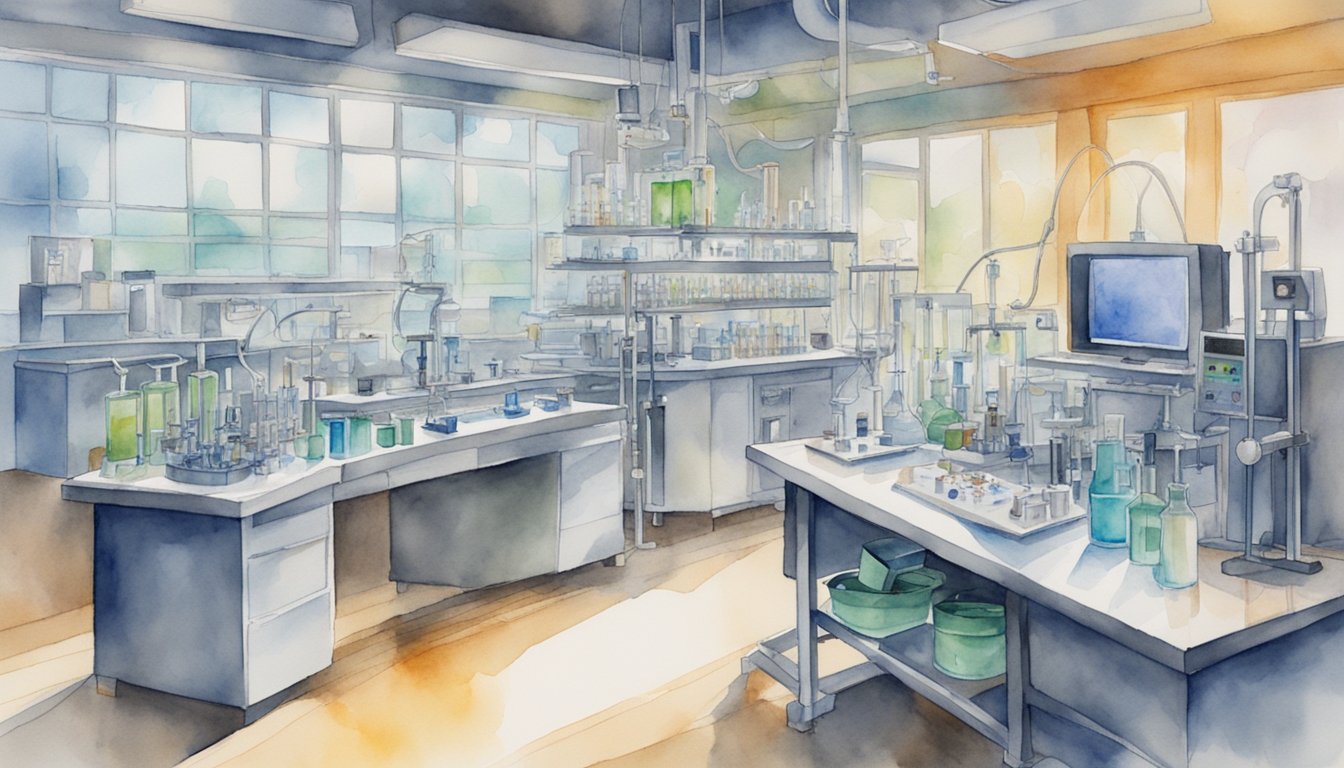 A laboratory setup with equipment emitting various frequencies targeting cancer cells