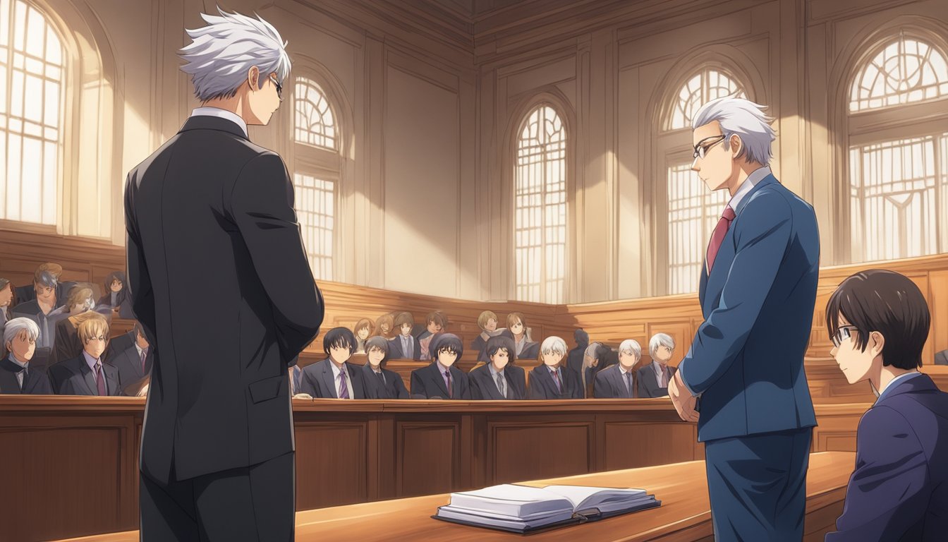 A lawyer stands before a judge in a courtroom, presenting legal representation and rights to individuals. The judge listens attentively as the lawyer advocates for the rights of their clients