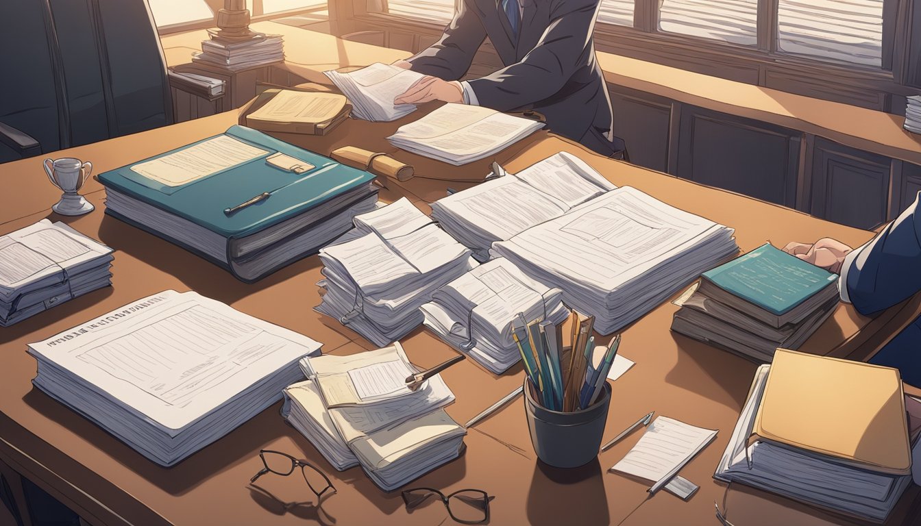 A person sitting at a desk with a criminal defense attorney, discussing legal rights and representation. Law books and documents are scattered on the desk