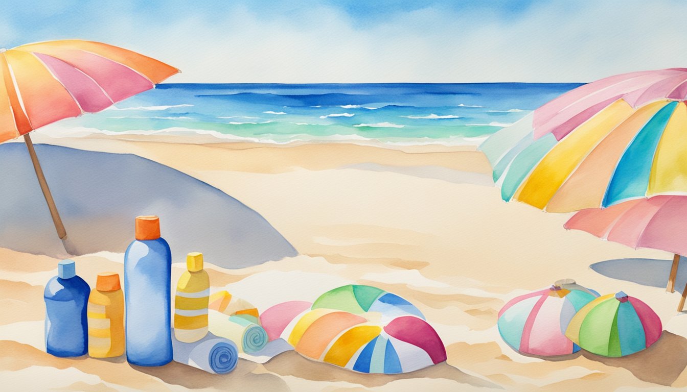 A bottle of sunscreen sits on a sandy beach, surrounded by colorful umbrellas and towels.</p><p>The sun shines brightly in the clear blue sky