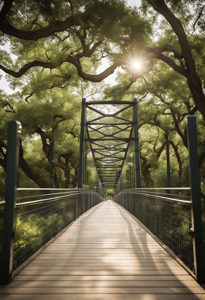 A series of suspension bridge sculptures stand tall in Waco parks, intertwining with the natural surroundings, their sleek and modern design contrasting with the lush greenery