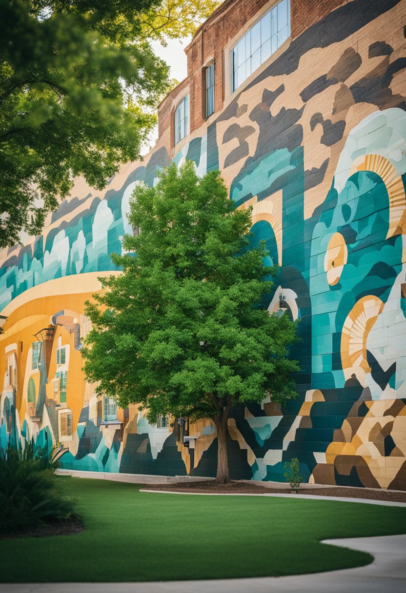 Vibrant murals of Waco's history adorn park walls, depicting the city's roots and culture. Lush greenery surrounds the artwork, creating a tranquil and inviting atmosphere for park visitors