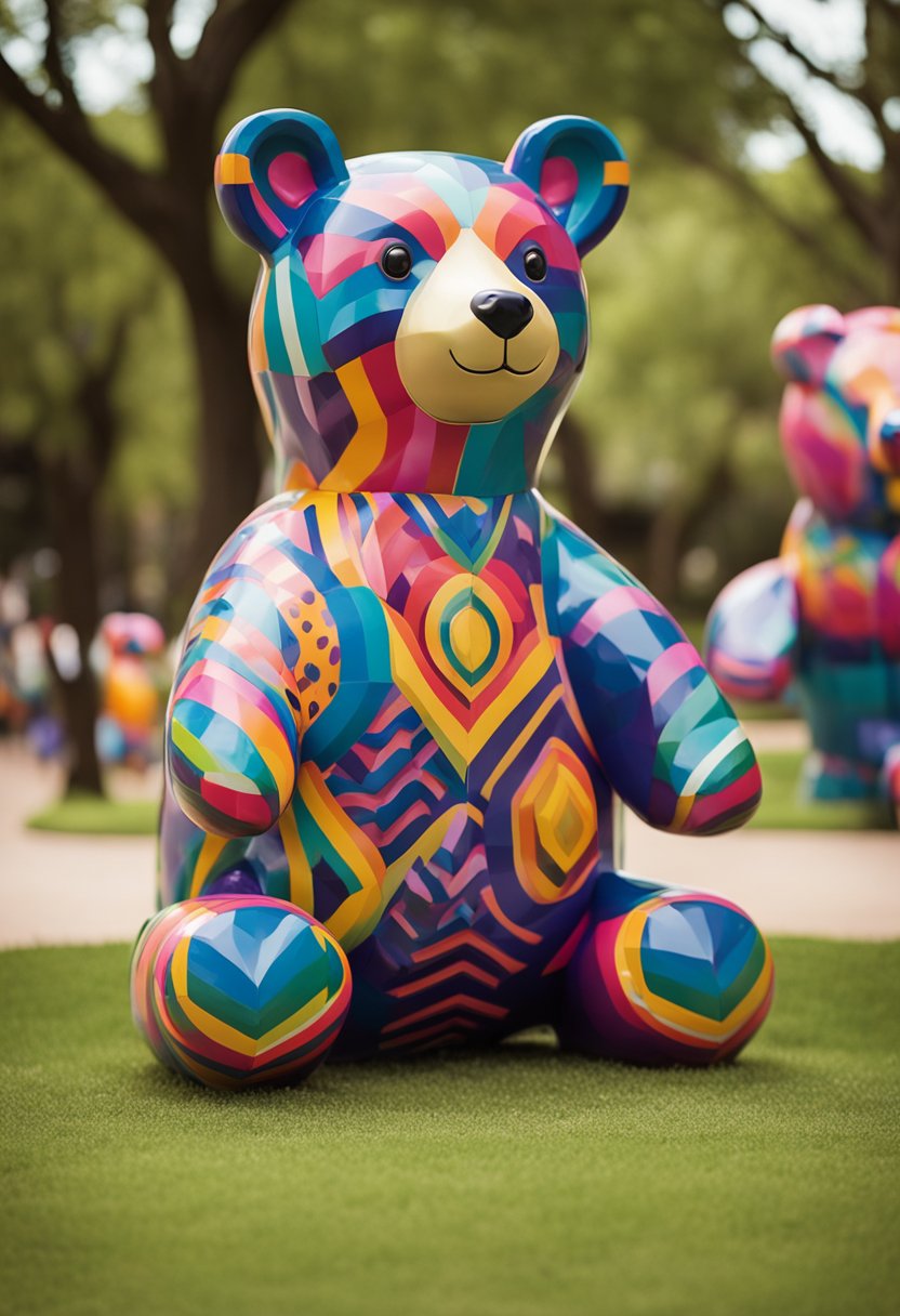 A winding trail through Waco Parks showcases vibrant painted bear sculptures, each uniquely adorned with colorful designs and patterns