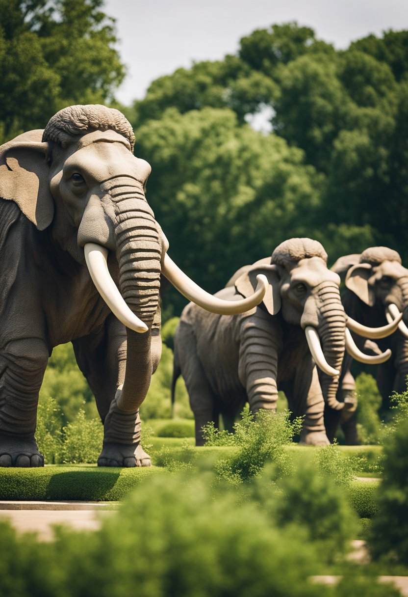 A herd of mammoth sculptures stand tall and majestic in the Waco Mammoth Site, surrounded by lush greenery and serene park settings