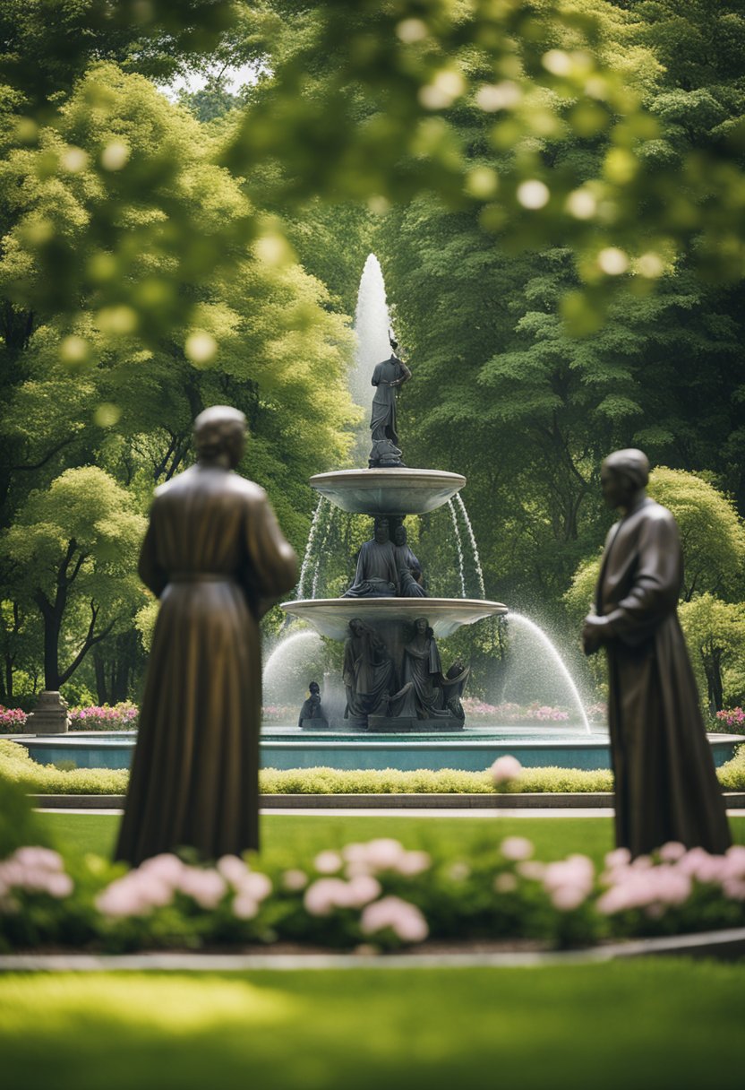 A group of larger-than-life bronze statues stand in a peaceful park setting, surrounded by lush greenery and blooming flowers, with a serene fountain in the background