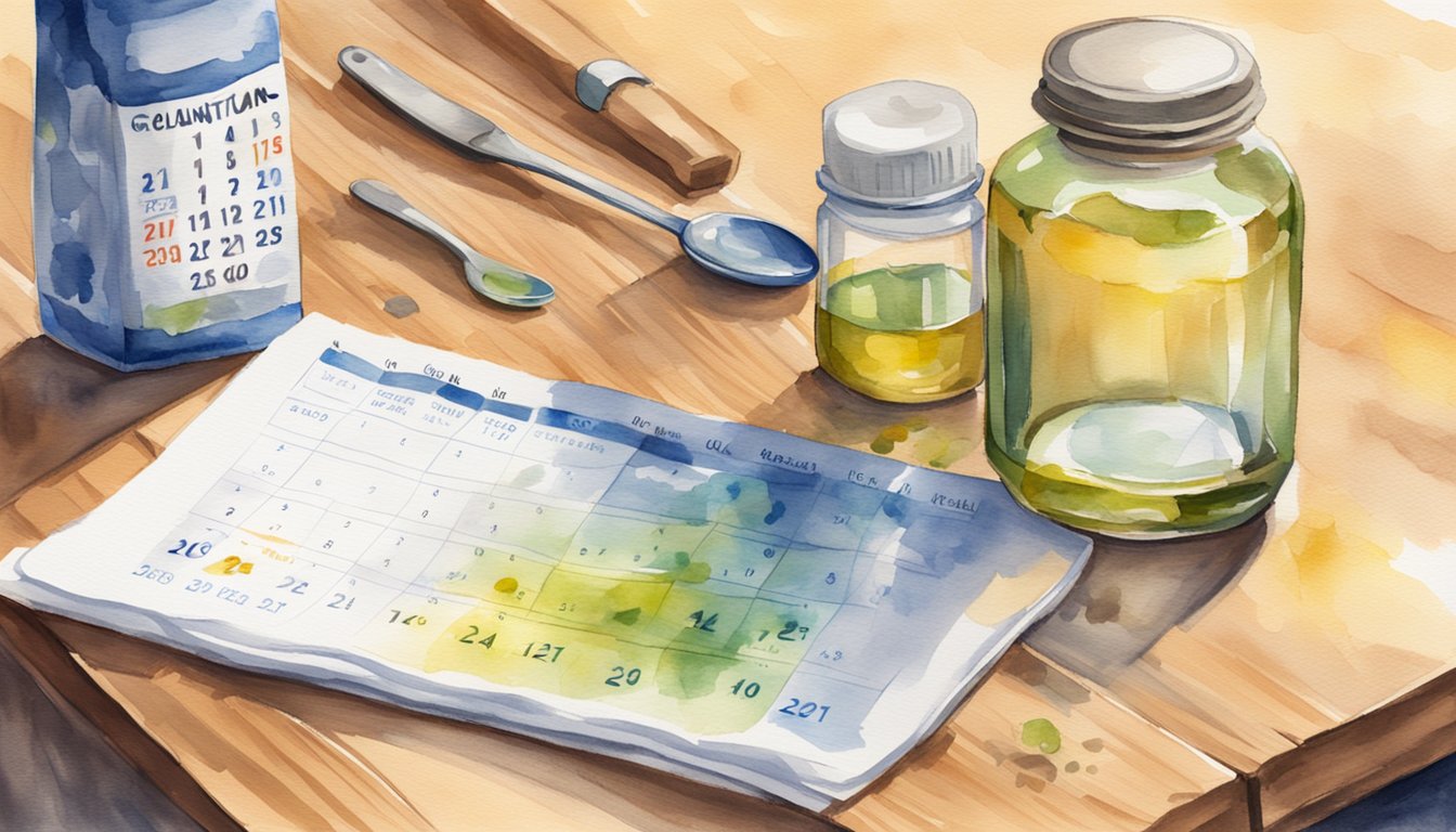 A bottle of castor oil sits on a wooden table next to a glass of water and a spoon, with a calendar showing regular use for constipation relief