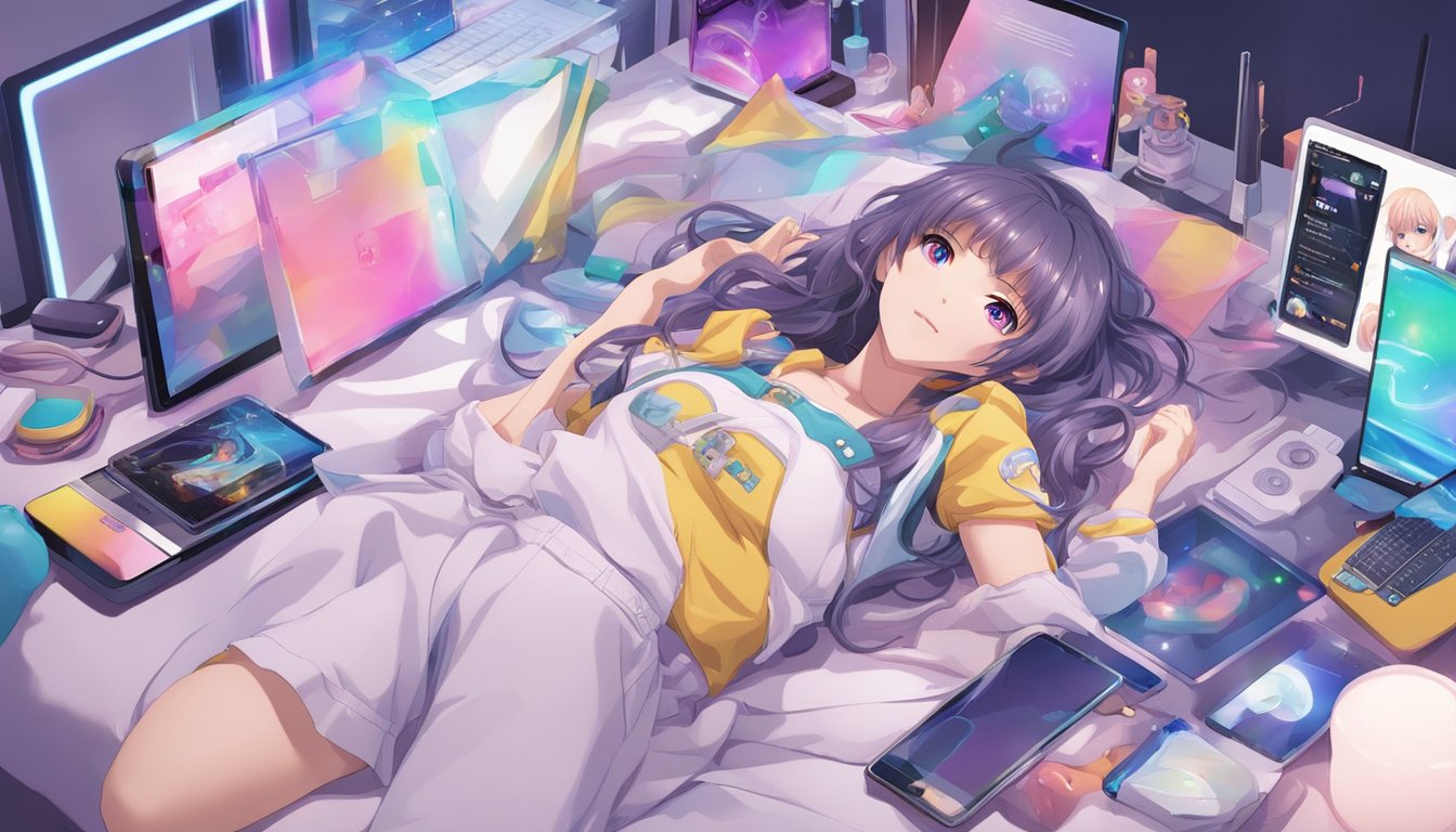 A sex doll lies on a bed, surrounded by various electronic devices. A smartphone and tablet display AI customization options