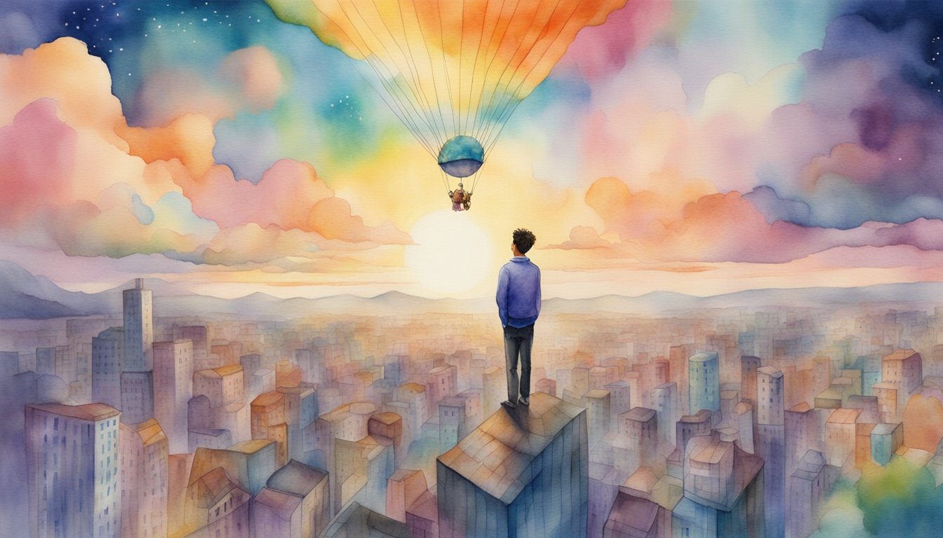 A dreamer floats above a cityscape, aware of dreaming.</p><p>The sky is filled with vibrant colors and surreal imagery, representing a lucid dream