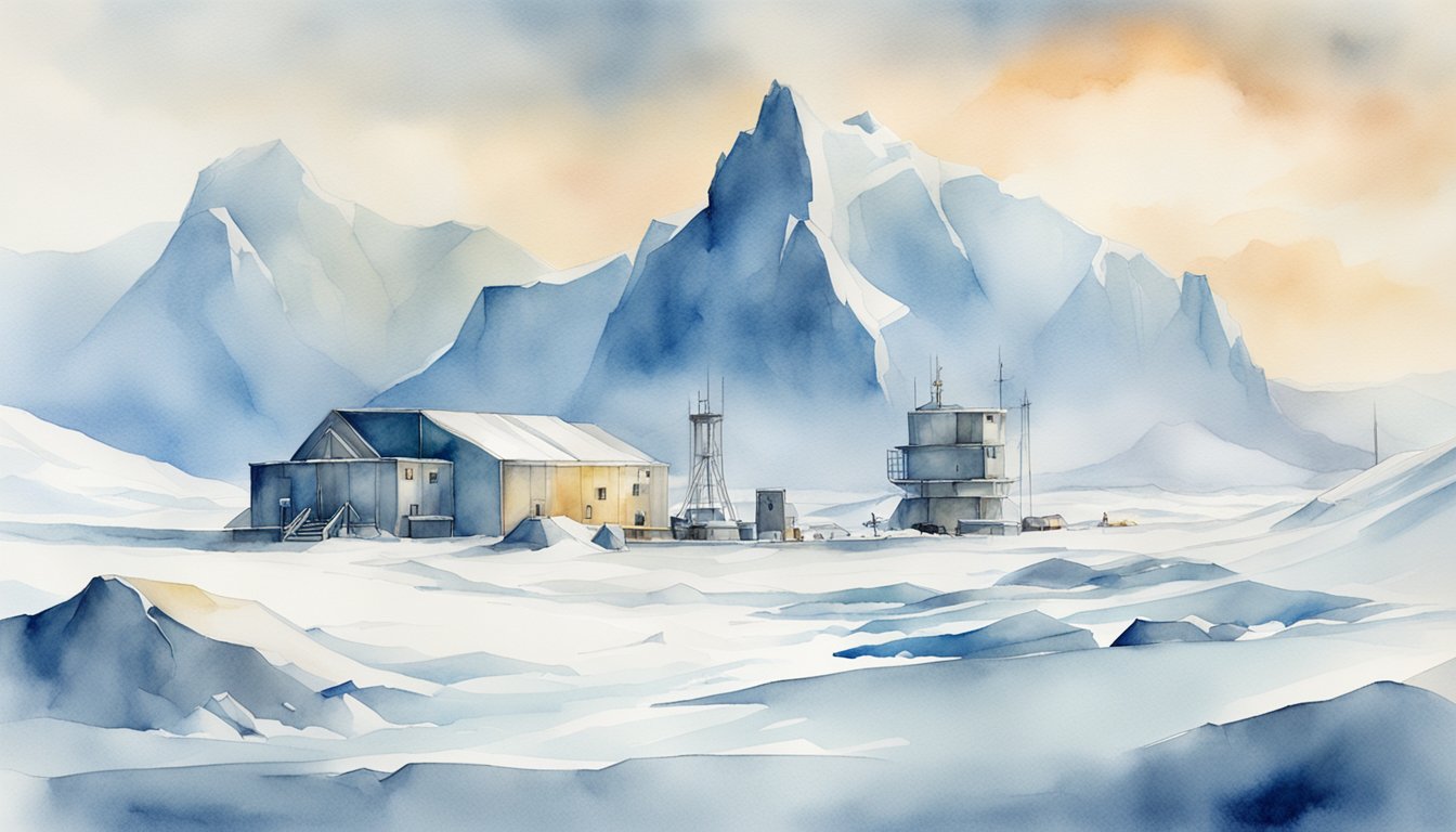 A lone research station battles harsh weather and rugged terrain at the South Pole, surrounded by icy glaciers and towering mountains