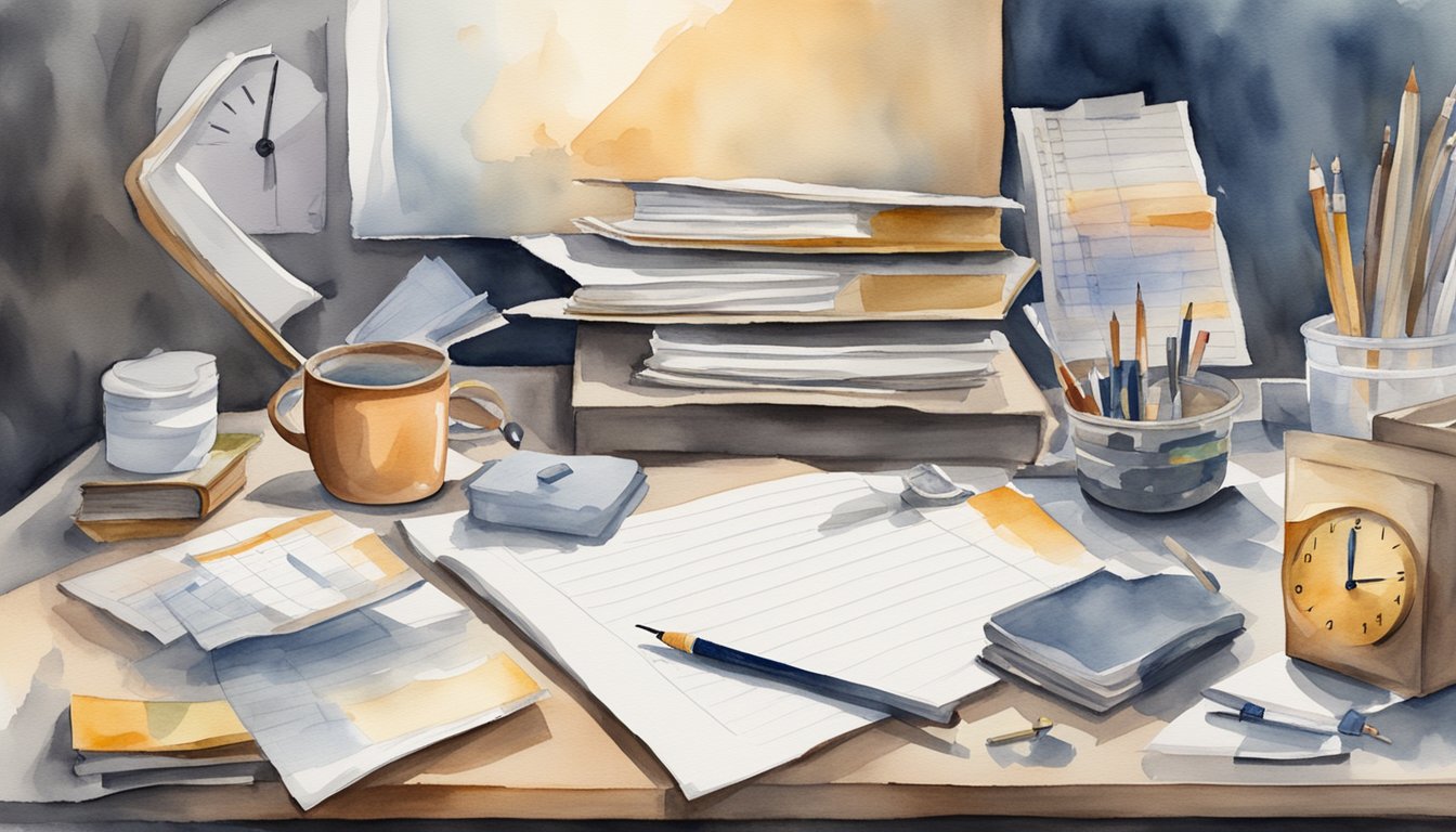 A cluttered desk with unfinished tasks and a clock ticking in the background.</p><p>An overwhelmed individual staring at a long to-do list