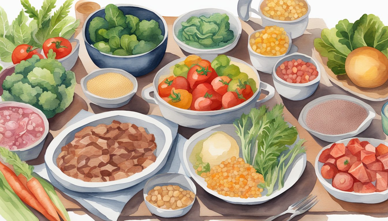 A table with a variety of food options, including vegetables, grains, and plant-based proteins.</p><p>A small portion of red meat is also present, surrounded by question marks