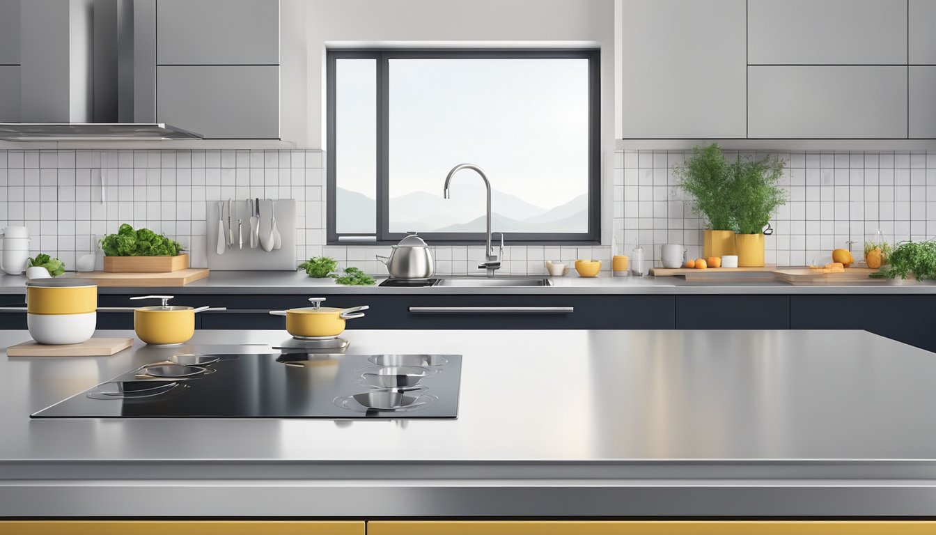 A sleek induction cooker sits on a modern kitchen countertop, surrounded by stainless steel appliances and a clean, minimalist design