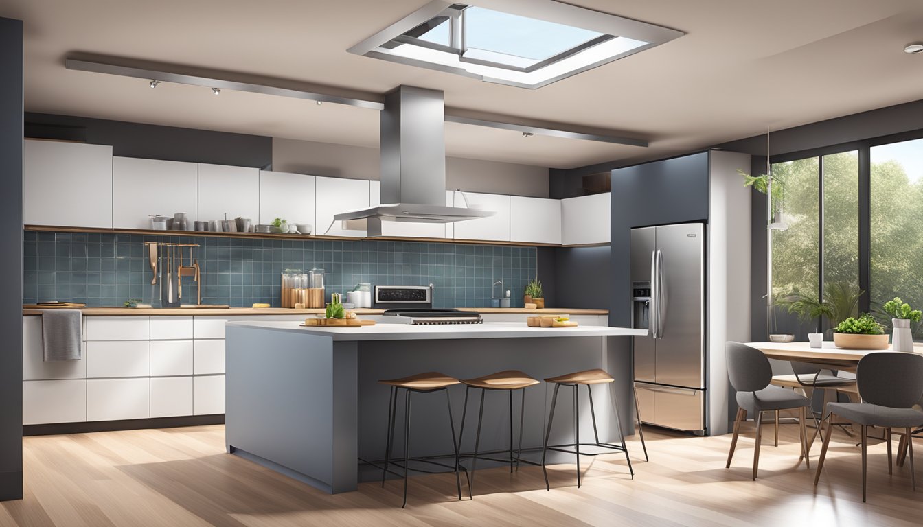 A modern kitchen with sleek appliances and a stylish ceiling fan providing comfort and efficient air circulation