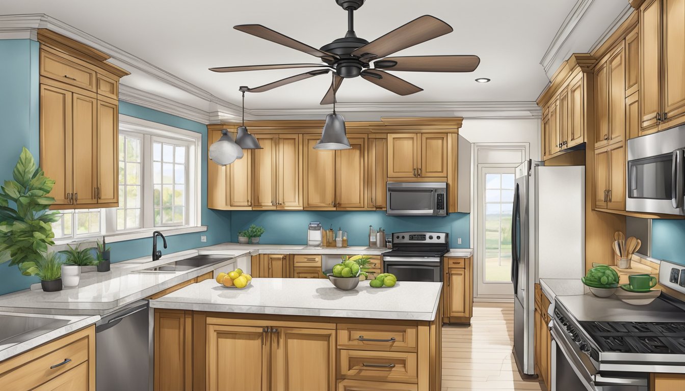 Two ceiling fans spinning above a kitchen with cabinets and countertops. A FAQ document is visible on the counter