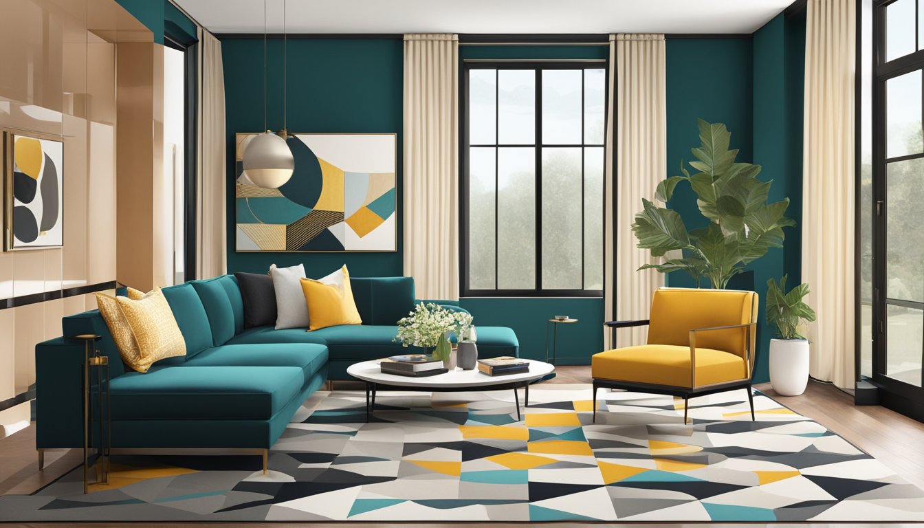 A modern living room with clean lines and bold colors. Geometric patterns and metallic accents add a touch of sophistication