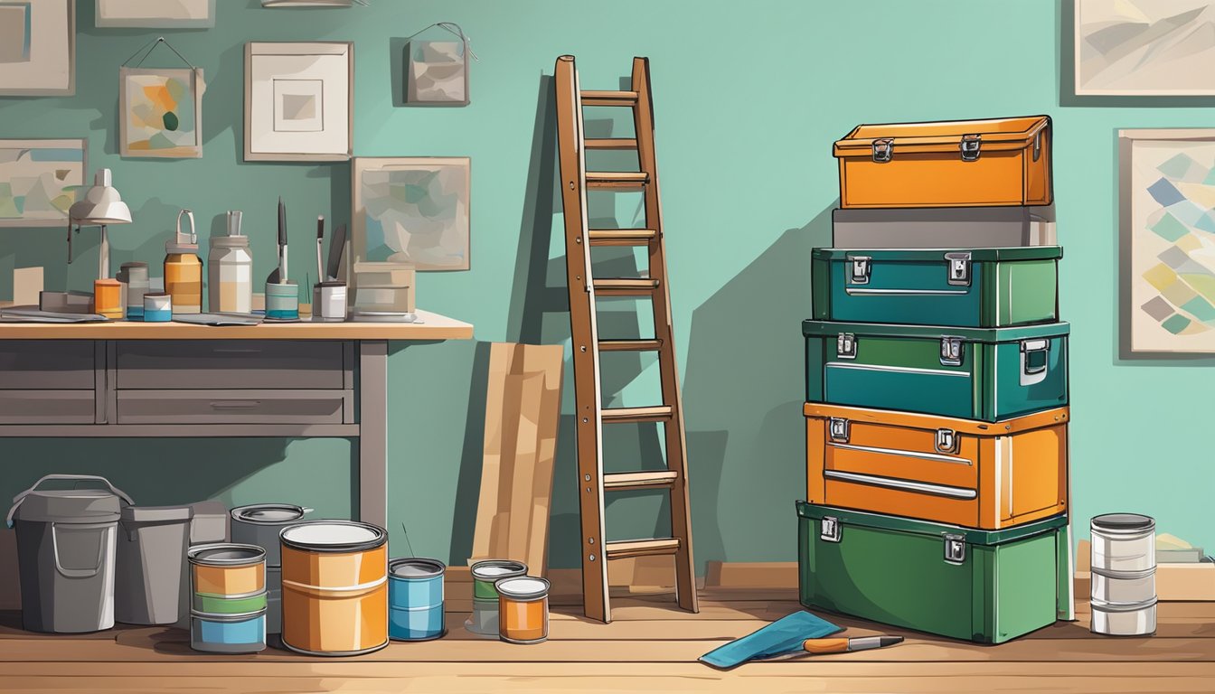 A toolbox sits open on a wooden floor, surrounded by paint cans and wallpaper samples. A ladder leans against the wall, ready for use