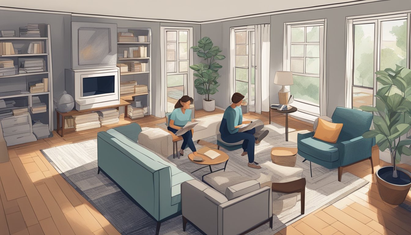 A couple discusses renovation plans in a cozy living room, surrounded by blueprints and design magazines. A calculator and paperwork sit on the coffee table