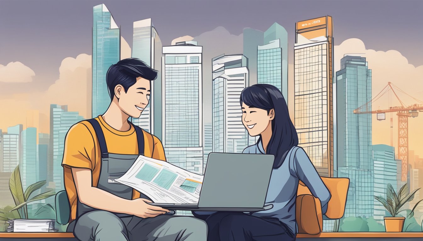A couple discussing renovation plans, holding DBS/POSB loan documents, with a laptop showing Singapore interest rates in the background