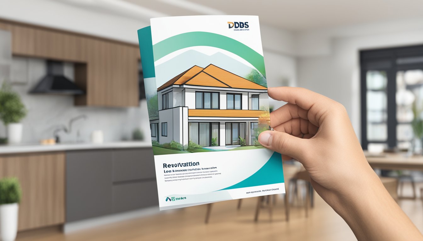 A hand holding a DBS/POSB Renovation Loan brochure with interest rates and fees displayed. The background shows a modern home undergoing renovation