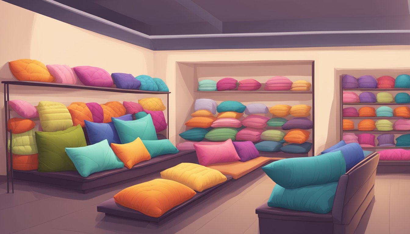 A cozy pillow shop with rows of colorful pillows neatly displayed, soft lighting, and a comfortable seating area for customers to test out their perfect pillow