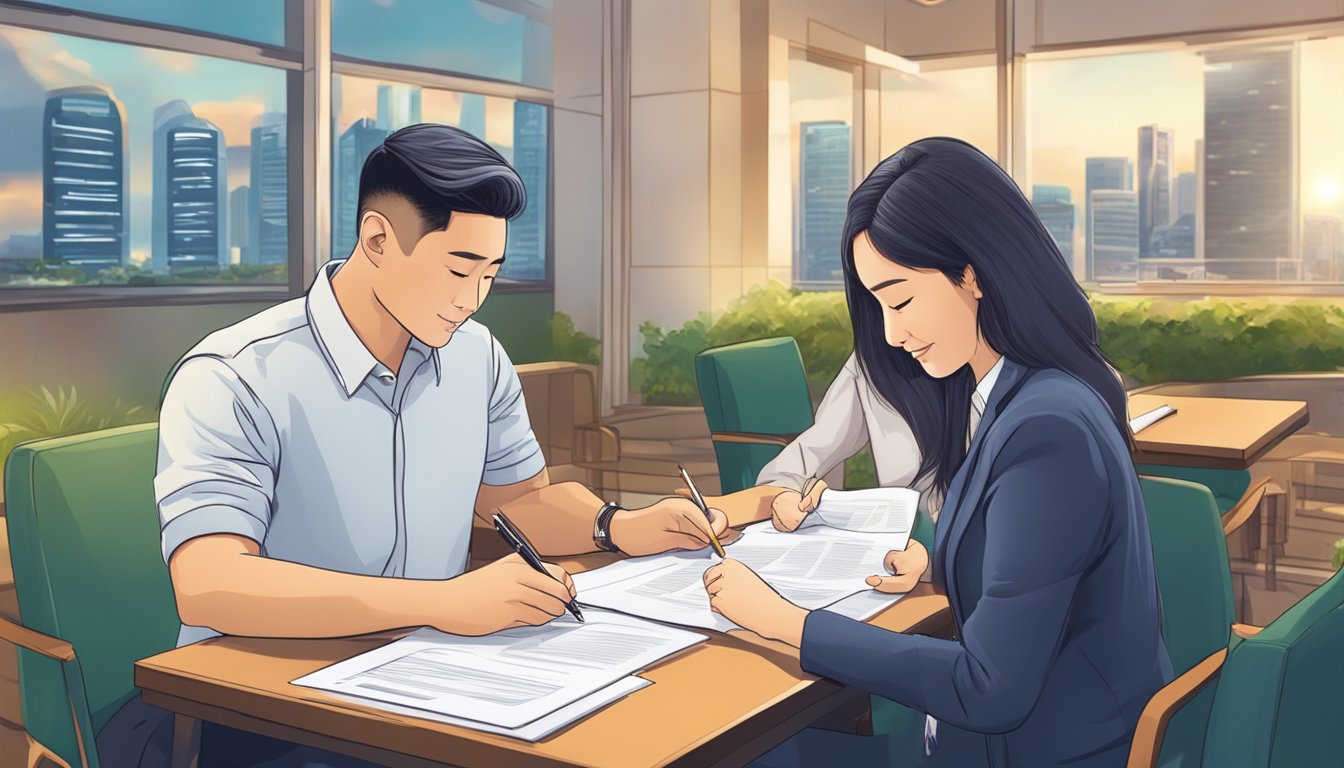 A couple sits at a table, signing loan papers. A bank logo is visible in the background. The scene is set in Singapore