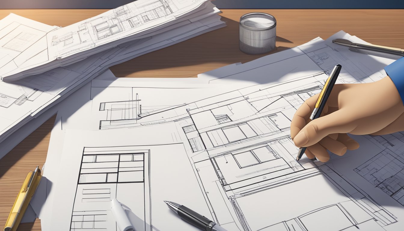 A homeowner signs a loan agreement with DBS/POSB for a renovation project. Blueprints and a contract are laid out on a table, alongside a calculator and a pen