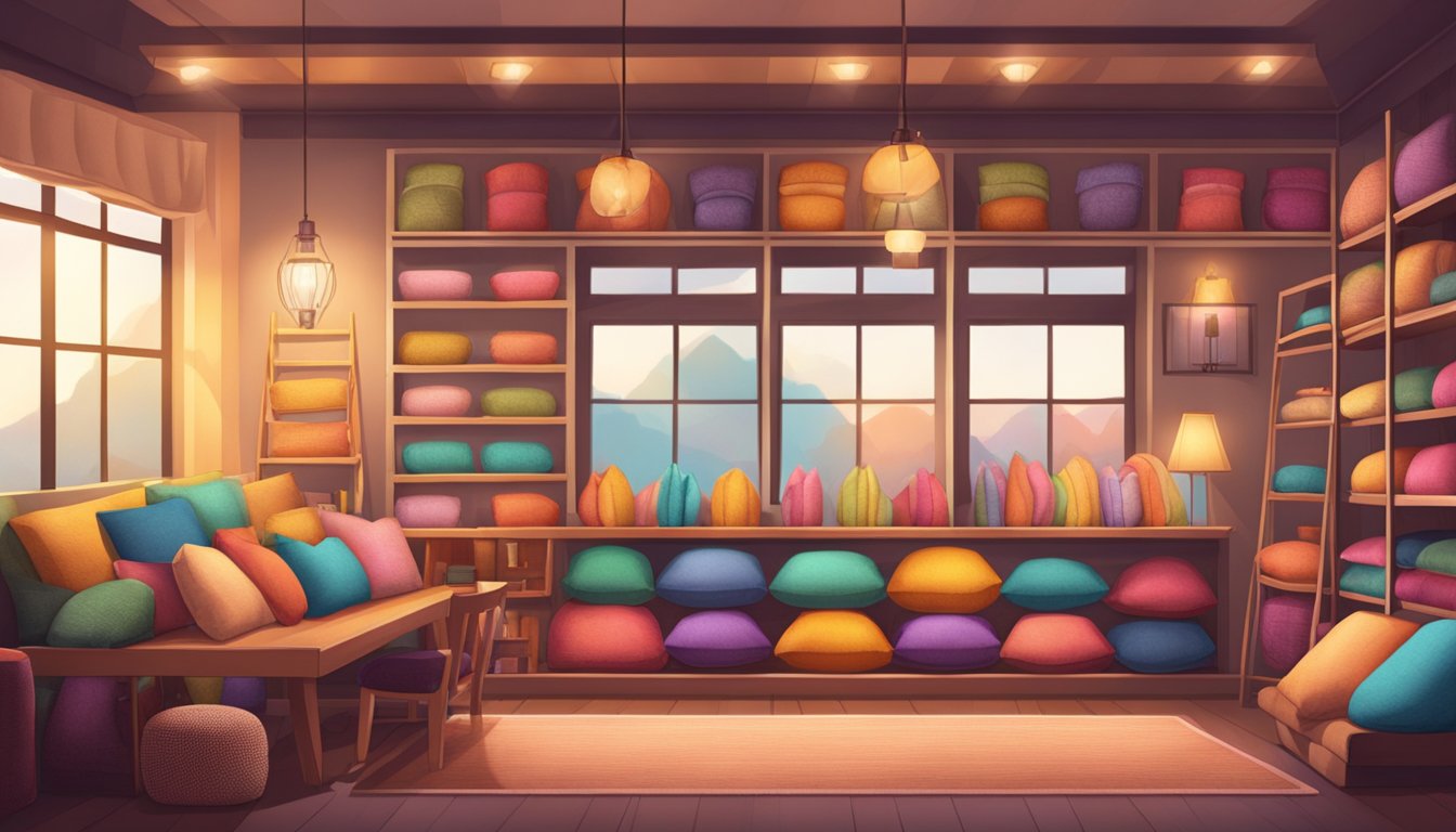 A cozy pillow shop with shelves lined with colorful pillows and various textures. Soft lighting creates a warm, inviting atmosphere