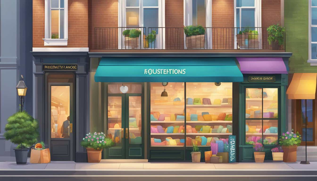 A cozy pillow shop with a sign "Frequently Asked Questions" in a bustling city, with colorful displays and inviting storefront