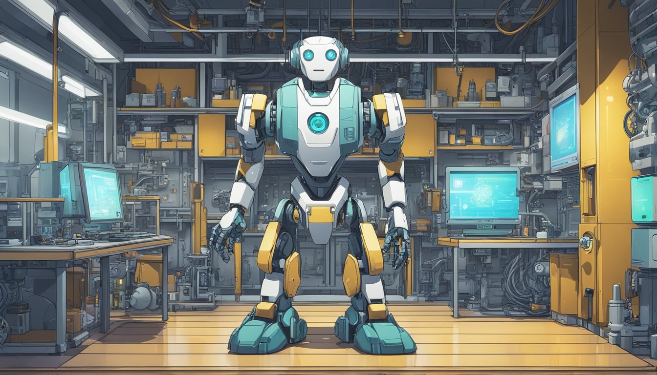 A robot stands in a laboratory, surrounded by various technological components. Its design reflects a blend of human-like features and mechanical parts, symbolizing the ethical considerations in the development of AI and robotics