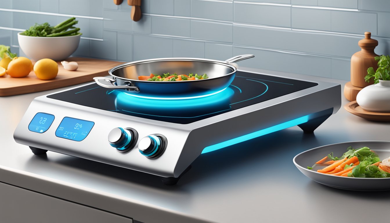 A sleek, modern induction cooker sits on a kitchen countertop, emitting a soft blue glow. Nearby, a stack of cookware and a bowl of fresh ingredients await their turn on the stove