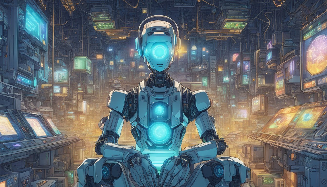 A robot contemplates a decision, surrounded by complex circuitry and futuristic technology. Ethical considerations are displayed in the design and function of the AI