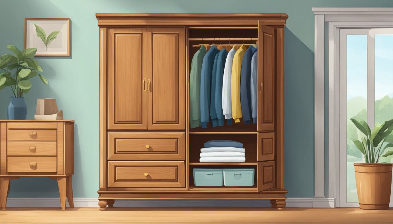 A sturdy, solid wood wardrobe stands against a plain background in a well-lit room