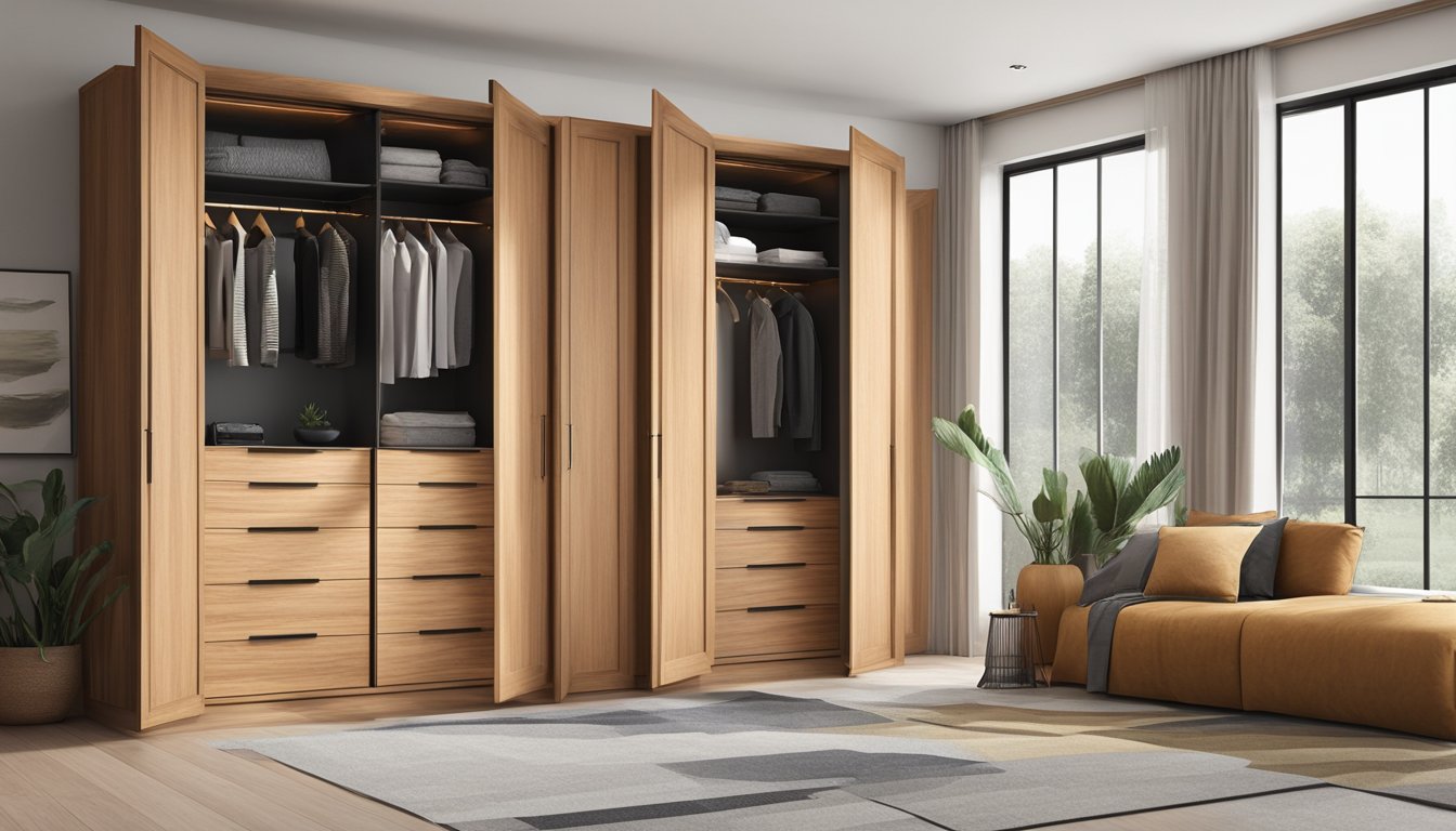 A solid wood wardrobe stands tall in a well-lit room, showcasing its natural grains and rich color. The doors are adorned with sleek metal handles, while the interior offers ample storage space with neatly arranged shelves and drawers