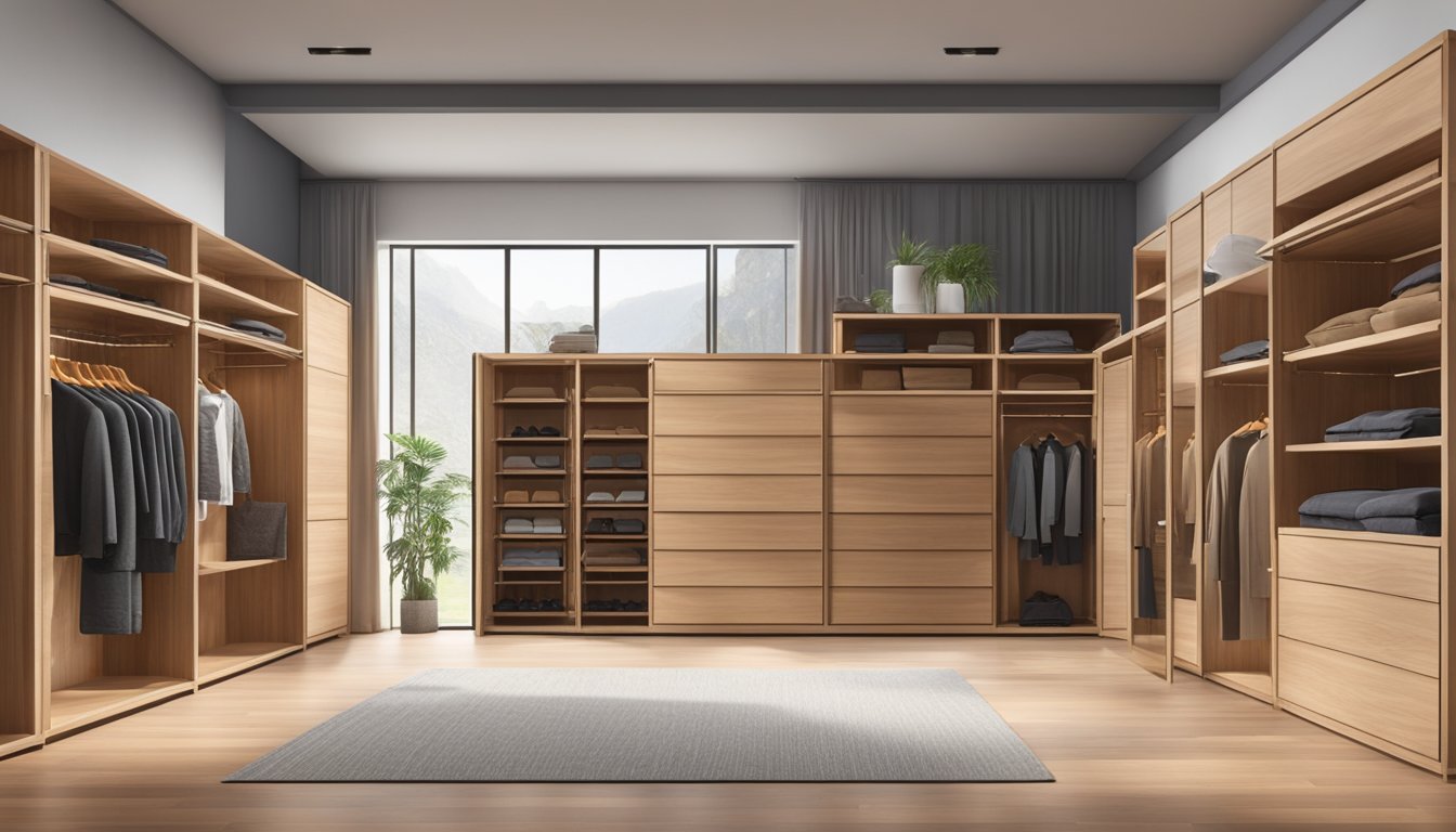 A person browsing through a variety of solid wood wardrobes in a spacious and well-lit showroom