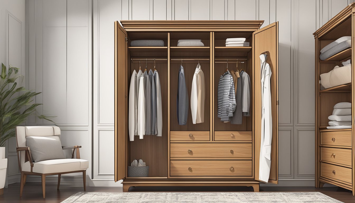 A solid wood wardrobe stands in a well-lit room, showcasing its craftsmanship and durability. The warm tones of the wood complement the surrounding decor, while the clean lines and smooth finish give it a modern yet timeless appeal