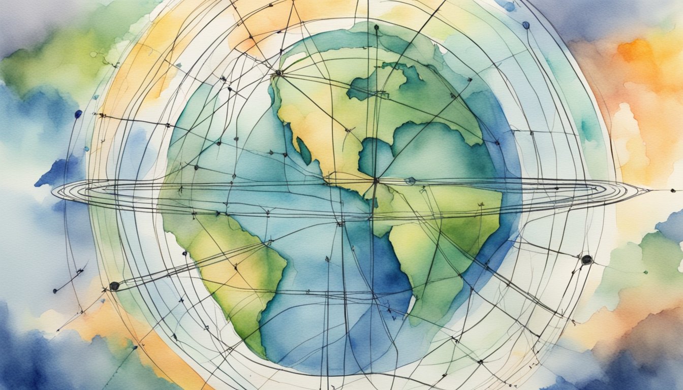 The Earth is surrounded by a web of interconnected lines representing planetary boundaries, with arrows indicating the flow of actions and implications