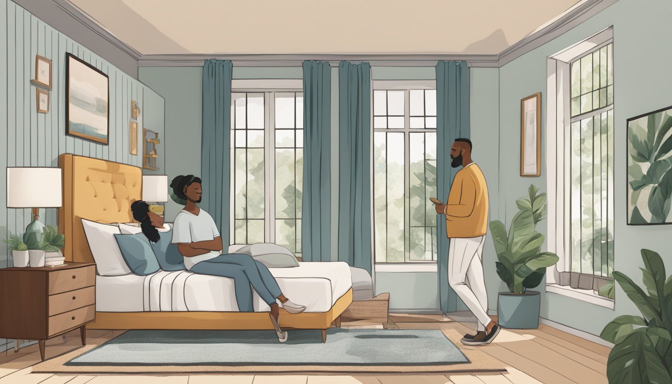 A couple stands in a bedroom, comparing a bed size chart on the wall to different mattress sizes on display. The chart shows various bed dimensions and lifestyle recommendations