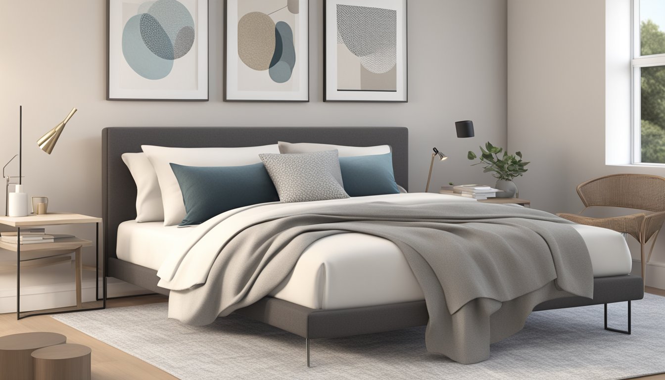 A single bed with sleek, modern design. Clean lines, minimalistic frame, and neutral color palette. A cozy throw blanket and a few decorative pillows add a touch of comfort