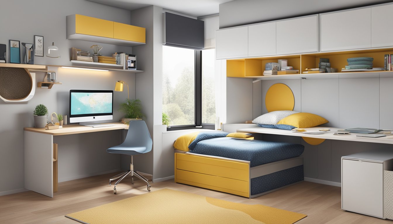 A compact bedroom with a space-saving single bed design, featuring built-in storage units and a fold-down desk for maximized functionality